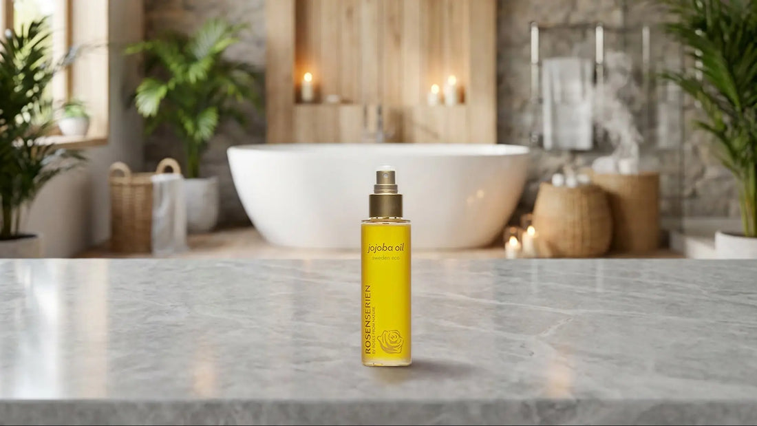 C/O Gerd Pure Jojoba Oil i ett ljust badrum
