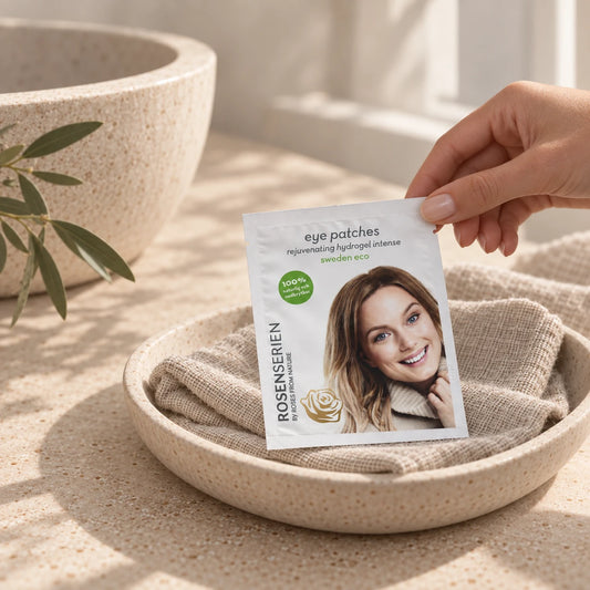 Rosenserien Eye Patches på linne i stenbricka, i varm spamiljö med hand och mjukt fönsterljus.